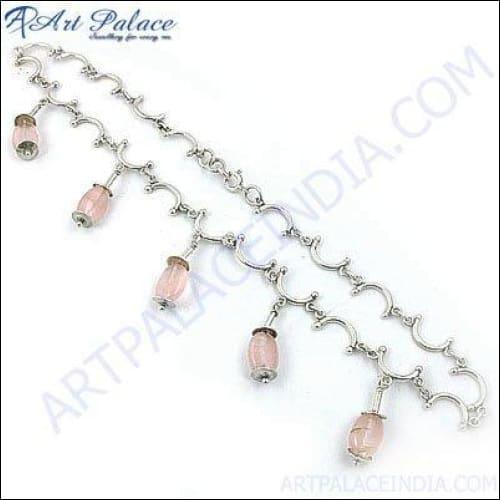 Hot Sale Women's Unique Design Silver Gemstone Necklace Jewelry Rosequartz Beaded Necklace Fancy Beads Necklace