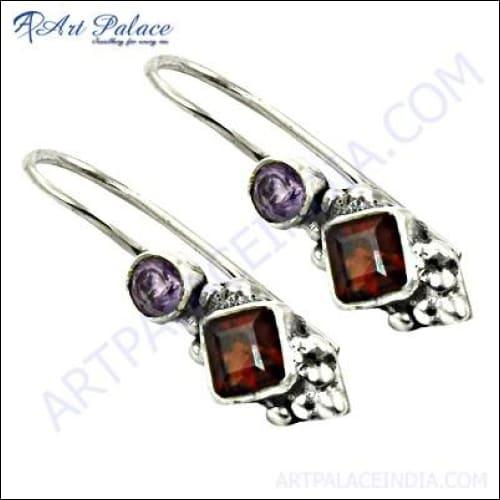 Hot Selling Amethyst & Garnet Gemstone Silver Earrings Energy Gemstone Earrings Gorgeous Earrings Cutstone Silver Earrings
