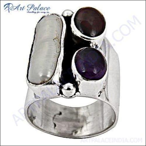 Imitation Amethyst & Garnet & Pearl Gemstone Silver Ring, 925 Sterling Silver Jewelry