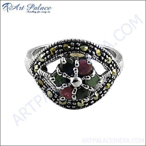 Imperial Emerald & Ruby Silver Ring Glamours Marcasite Rings Classic Marcasite Rings