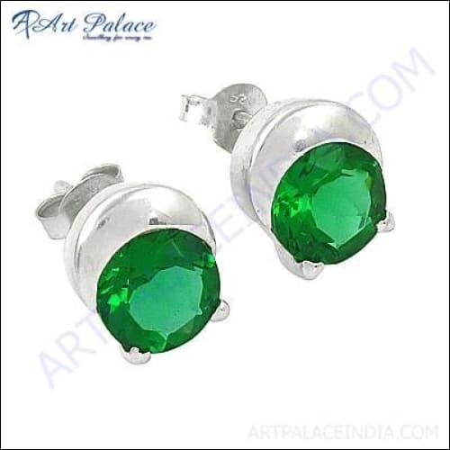 Impressive Green Cubic Zirconia Gemstone Silver Earrings
