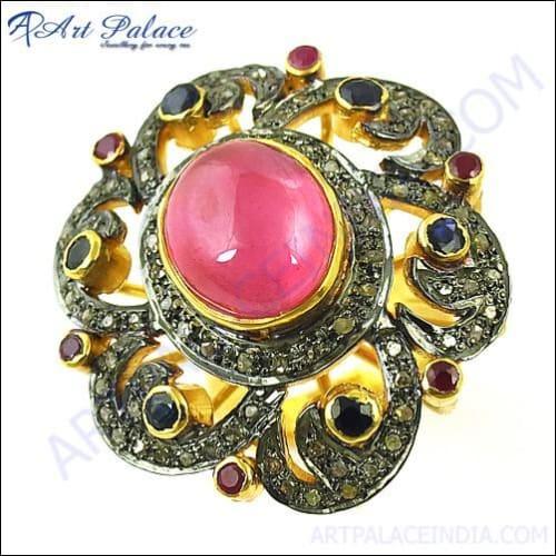 India Designer Diamond & Glass Feed Ruby & Ruby & Sapphire Gold Plated Silver Victorian Ring Glamours Victorian Rings Fancy Victorian Rings