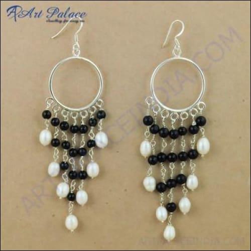 Indian Black Onyx & Pearl Silver Heavy Beaded Earrings Beads Earrings