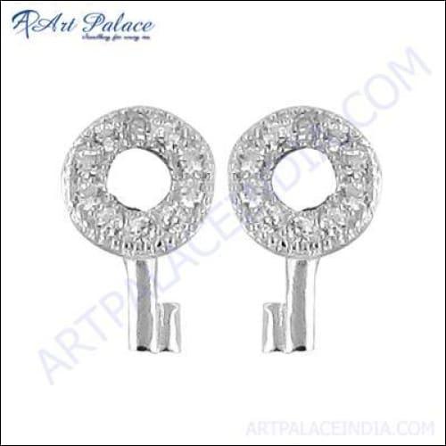 Indian Design Key Style Cubic Zirconia Silver Earring