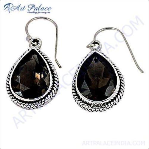 Indian Design Smokey Quartz Silver Ethnic Earring Pear Smokey Quartz Earrings Gemstone Silver Earrings
