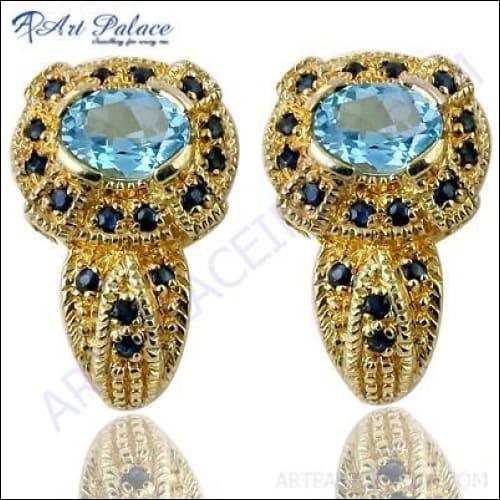 Indian Designer Blue Cubic Zirconia & Sapphire Gemstone Silver Gold Plated Earrings