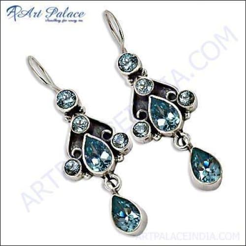 Indian Designer Blue Topaz Gemstone Party Wear Silver Earrings