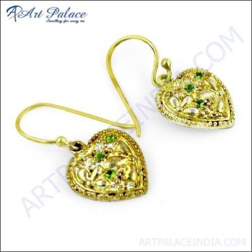 Indian Designer Green Cubic Zirconia Gemstone Silver Gold Plated Earrings