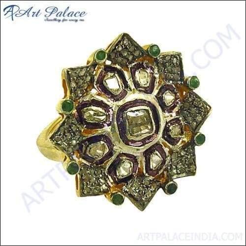 Indian Designer Vintage Inspired Diamond Gold Plated Silver Ring, 925 Sterling Silver Jewelry,