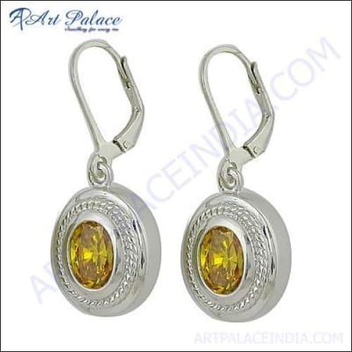 Indian Designer Yellow Cubic Zirconia Gemstone Silver Earrings