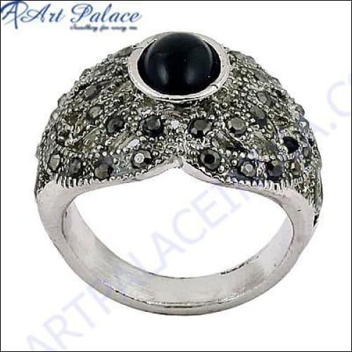 Indian Designers Black Onyx & Gun Metal Gemstone Silver Marcasite Ring