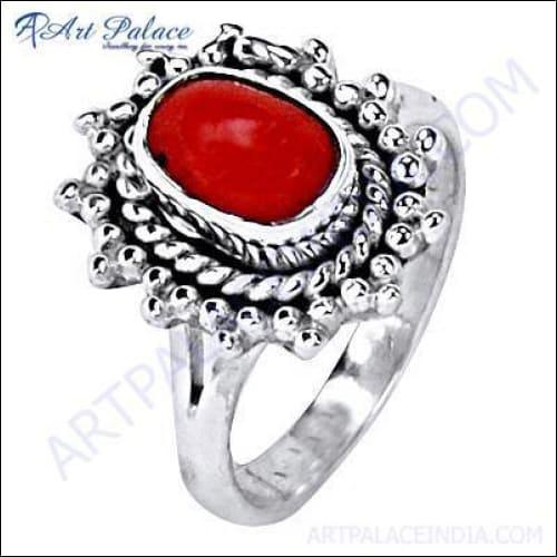 Indian Ethnic Designer Coral Gemstone Silver Ring, 925 Sterling Silver Jewelry