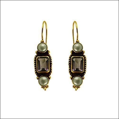 Indian Ethnic Designer Pearl & Amethyst Silver Gold Plated Earring