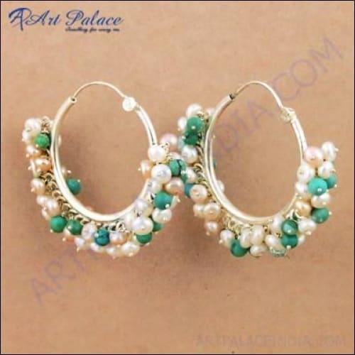 Indian Pearl & Turquoise Gemstone Hoop Silver Earrings Beaded Earrings Beaded Hoop Earrings Gemstone Beaded Earrings