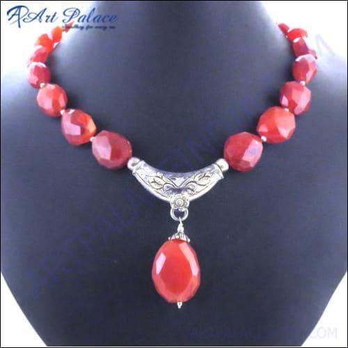 Indian Red Onyx Gemstone Beads Silver Necklace