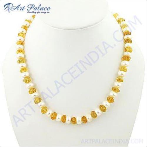 Indian Style Citrine & Pearl Gemstone Silver Necklace