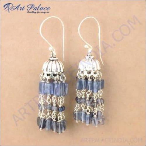 Indian Touch 925 Sterling Silver Jewelry, Iolite Gemstone Silver Earrings Blue Beaded Earrings Beaded Jhumki Earrings