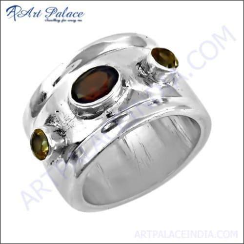 Indian Touch Citrine & Garnet Gemstone Silver Ring, 925 Sterling Silver Jewelry