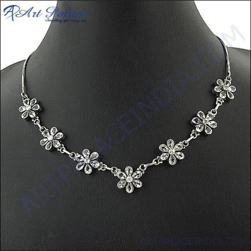 Indian Touch Cubic Zirconia Gemstone Silver Necklace Floral Cz Necklace Superior Cz Necklace