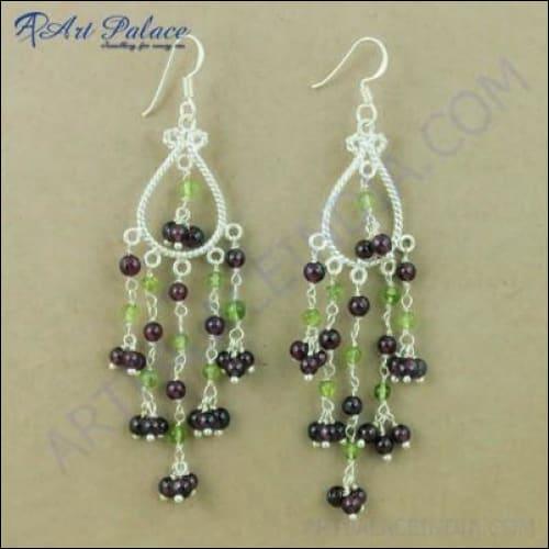 Indian Touch Garnet & Peridot Gemstone Silver Earrings