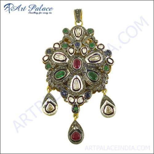 Indian Traditional Multi Stone Gold Plated Silver Victorian Pendant Glamours Victorian Pendant Gemstone Victorian Pendant