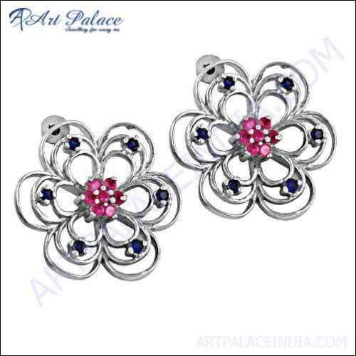 Ingenious Flower Inkzirconia & Pink CZ Gemstone Silver Earrings
