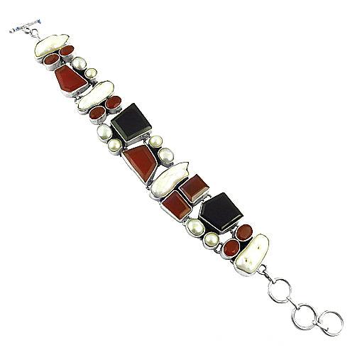 Ingenious Pearl & Black Onyx & Red Onyx Gemstone Silver Bracelet, 925 Sterling Silver Jewelry Colorful Gemstone Bracelet Multistone Bracelet
