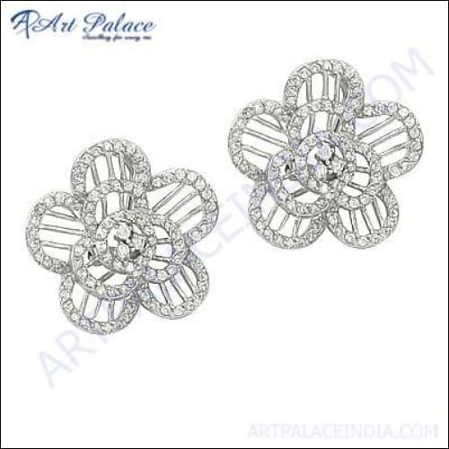 Inspired Cubic Zirconia Fret Work Silver Stud Earrings