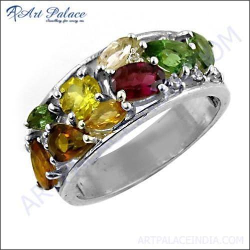 Inspired Multi Color Tourmaline Gemstone Silver Ring