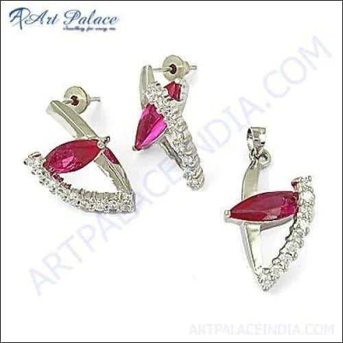 Pink CZ and White CZ Stone Silver Pendant Earring Set 