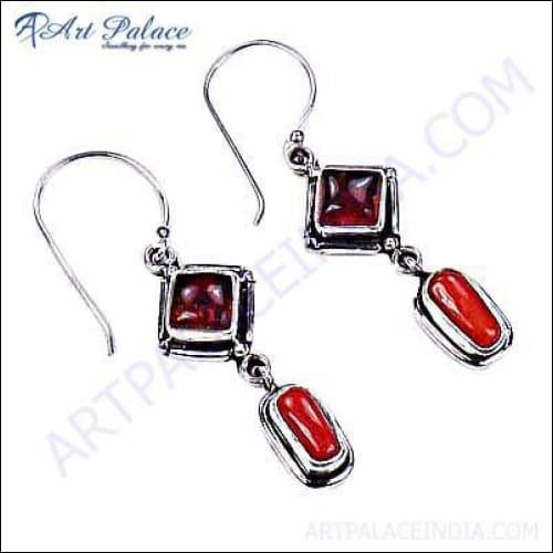 Latest Fashion Amber Synthetic & Coral Gemstone Silver Earrings Adorable Gemstone Earrings Girls Earrings