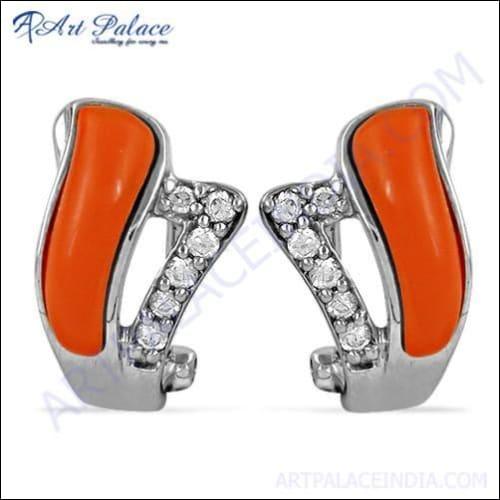 Latest Fashionable Coral & Cubic Zirconia Gemstone Silver Earring