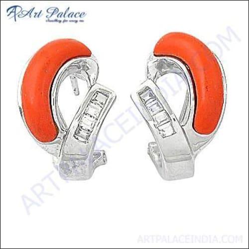 Latest Fashionable Coral & Cubic Zirconia Gemstone Silver Earrings