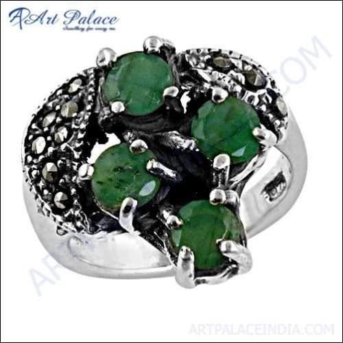 Latest Fashionable Emerald & Gun Metal Gemstone Silver Marcasite Ring Graceful Marcasite Rings Latest Marcasite Rings
