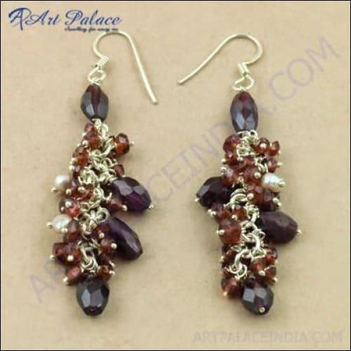 Latest Fashionable Garnet & Pearl Silver Beaded Earring Adorable Beaded Earrings Gemstone Beaded Earrings