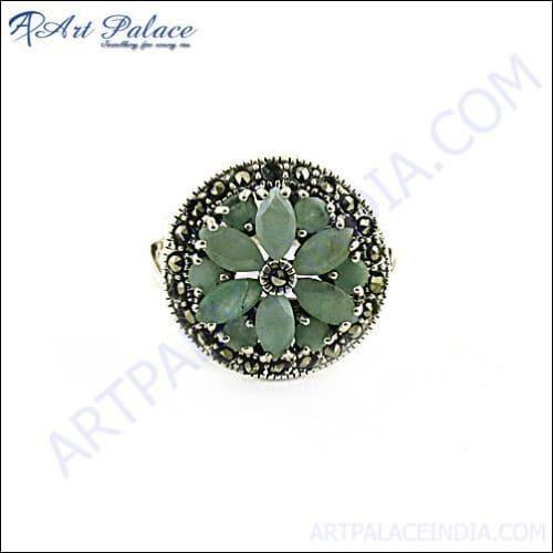 Latest Flower Style Aquamarine & Gun Metal Silver Ring Floral Marcasite Rings Fabulous Marcasite Rings