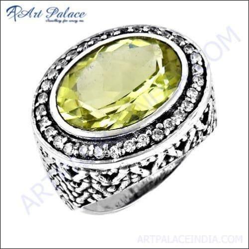 Latest Luxurious Cz & Lemon Quartz Gemstone Silver Designer Ring, 925 Sterling Silver Jewelry