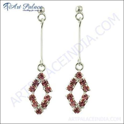 Latest Luxurious Pink Cubic Zirconia Gemstone Silver Earrings