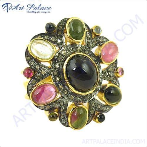 Latest Luxury Diamond & Tourmaline Gold Plated Silver Ring High Quality Victorian Rings Gemstone Victorian Rings