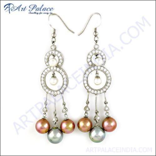 Latest Luxury Pearl & Cubic Zirconia Gemstone Silver Earrings, 925 Sterling Silver Jewelry
