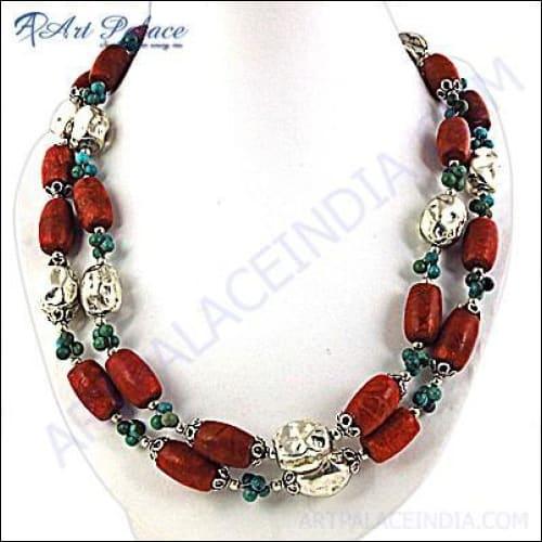 Latest Luxury Sponge Coral & Turquoise Gemstone Silver Necklace