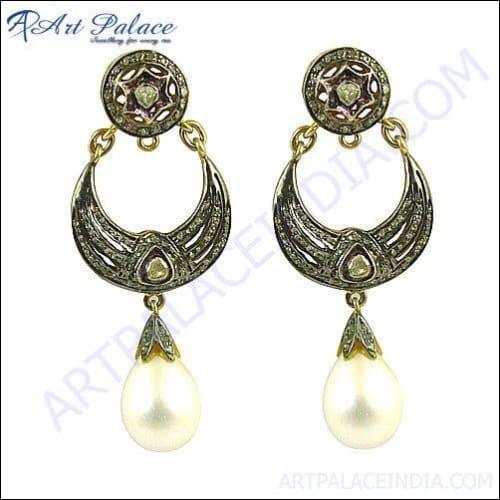 Latest New Gold Plated Diamond & Pearl Victorian Earrings Jewelry, 925 sterling silver
