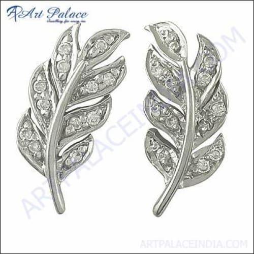 Leaf Design Cubic Zirconia Silver Earrings