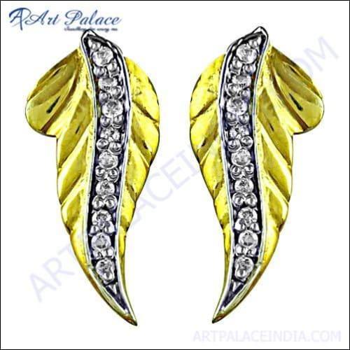 Leaf Design Cz Gemstone Gold Plated Silver Earrings