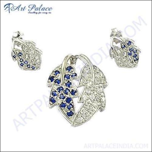 Leaf Style Blue & White CZ Sterling Silver Pendant Set