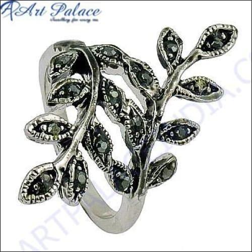 Leaf Style Gun Metal Gemstone Silver Ring