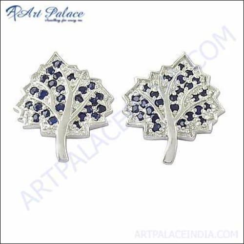 Leaf Style Inkzirconia Gemstone Silver Stud Earrings
