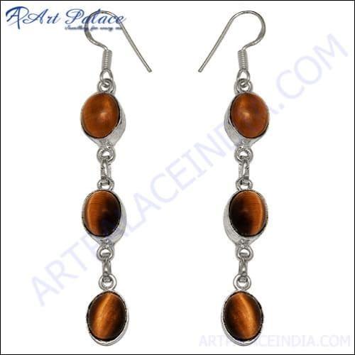 Long Fashionable Tiger Eye Earrings For Girl's Tiger Eye Earrings Dangle Earrings Cabochon Silver Earrings