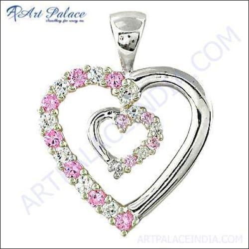 Lovable Heart Shape Cubic Zirconia & Pink Cubic Zirconia Silver Gemstone Pendant