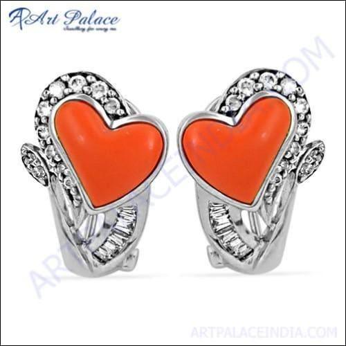 Lovable Heart Style Coral & CZ Gemstone Silver Earrings